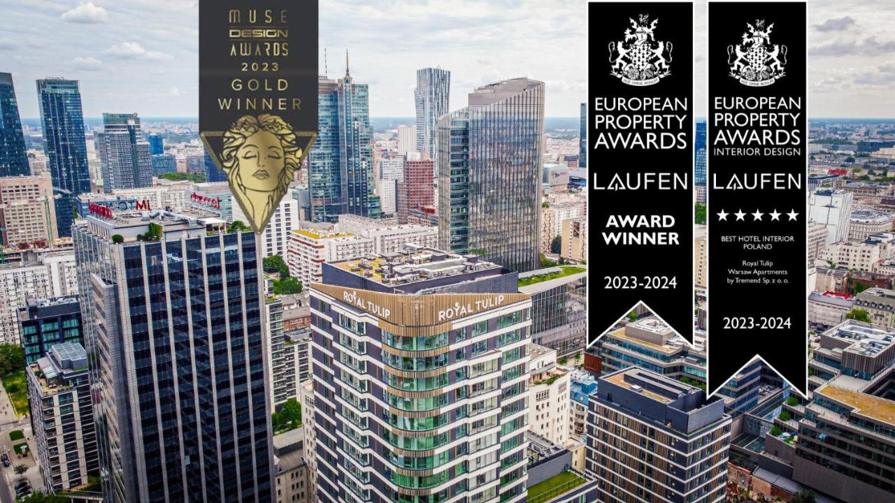 Royal Tulip Warsaw Centre 아파트 호텔 외부 사진 The image showcases a city skyline featuring modern high-rise buildings. Prominently displayed are awards indicating recognition for excellence in design and property management. These include a gold award from the "MUSE Design Awards 2023" and a win
